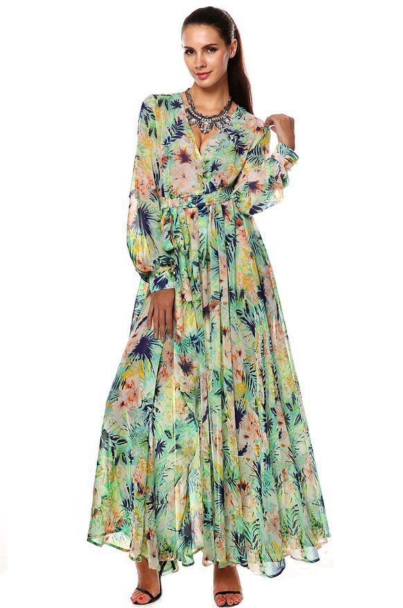 F2440-2 Women Summer Tropical Flower Printed Chiffon Long Sleeve Beach Dress